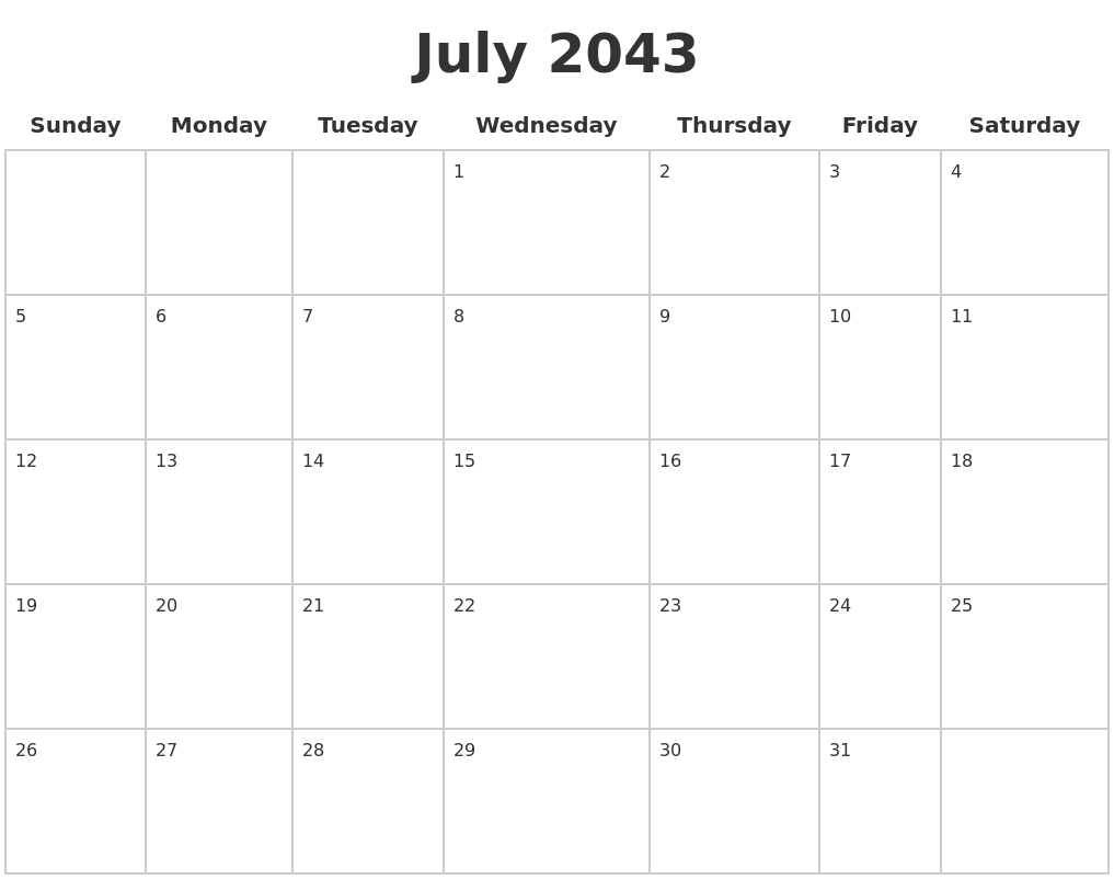July 2043 Blank Calendar Pages