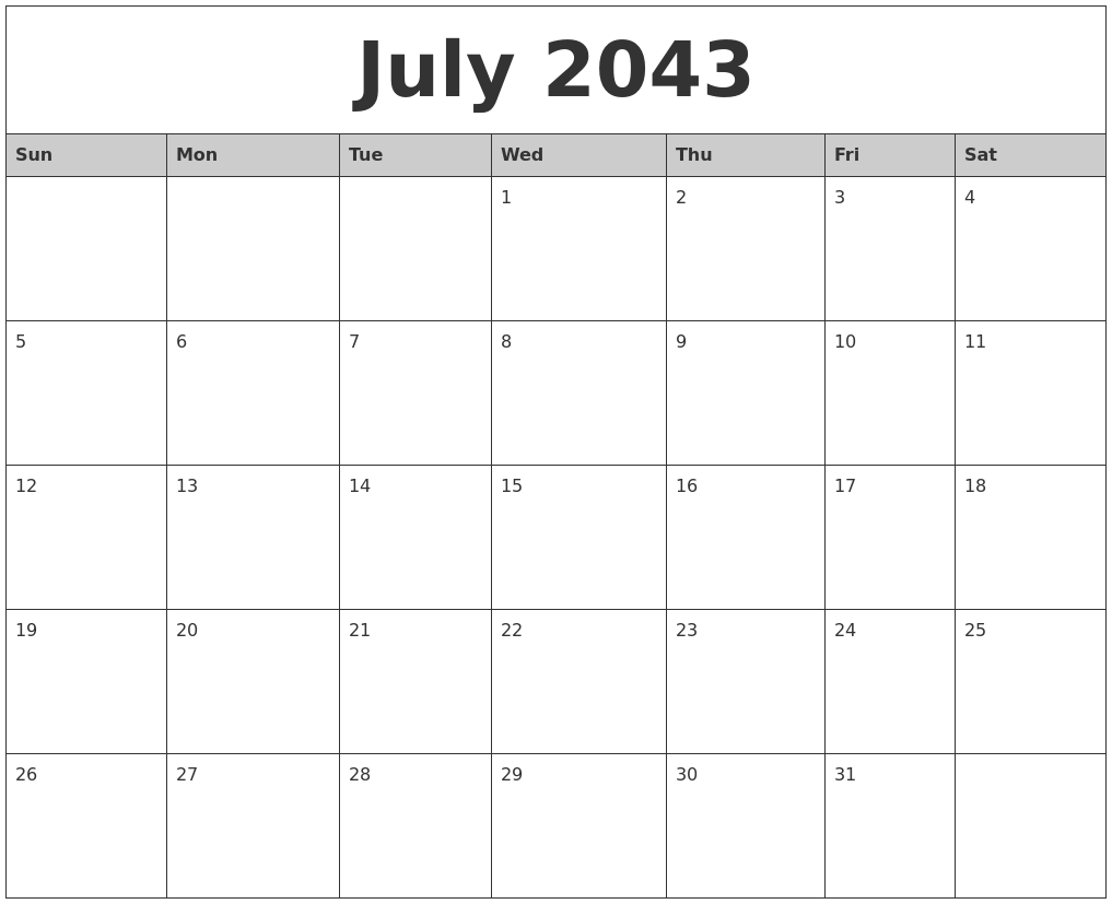 July 2043 Monthly Calendar Printable