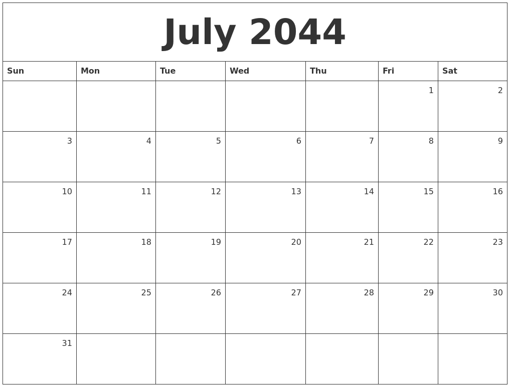 July 2044 Monthly Calendar