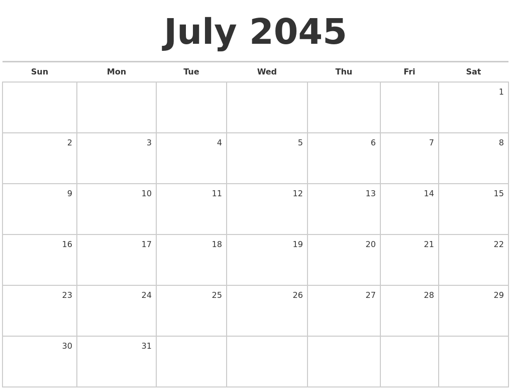 July 2045 Blank Monthly Calendar