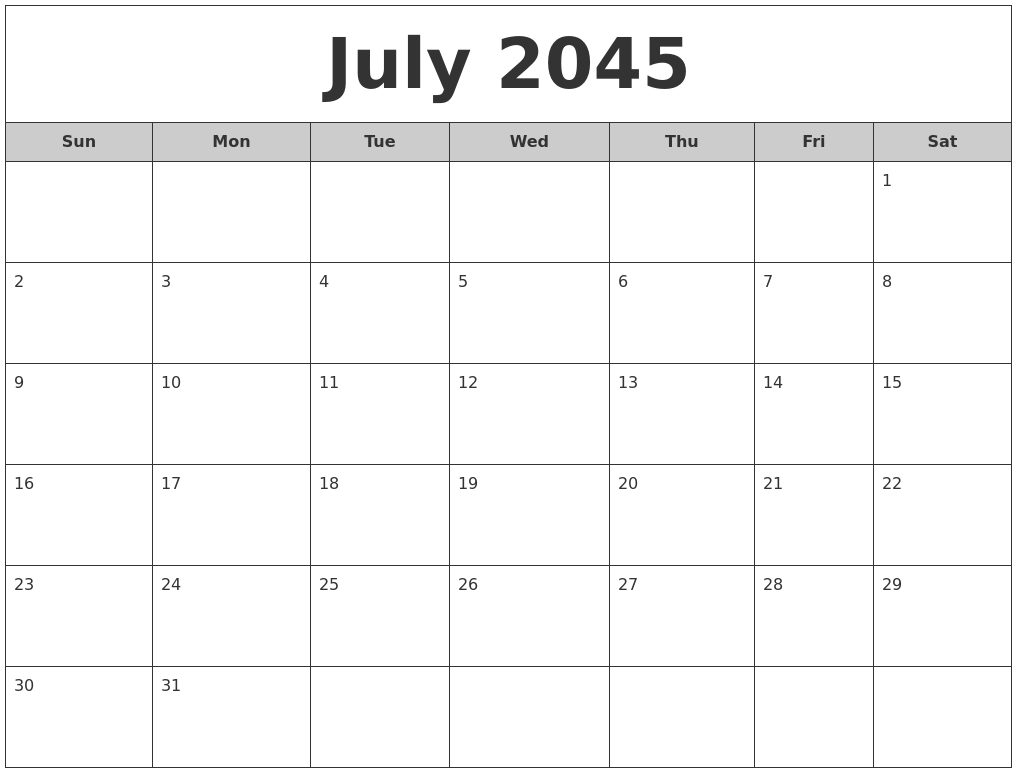 July 2045 Free Monthly Calendar