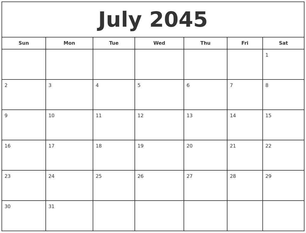 July 2045 Print Free Calendar