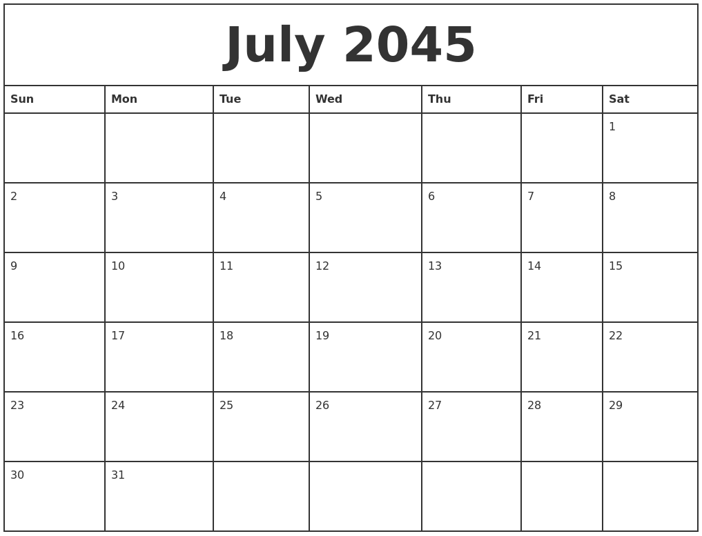 July 2045 Printable Monthly Calendar