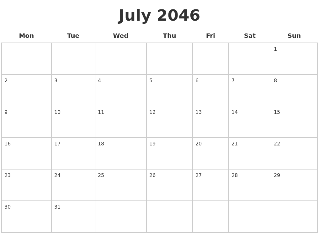 July 2046 Blank Calendar Pages