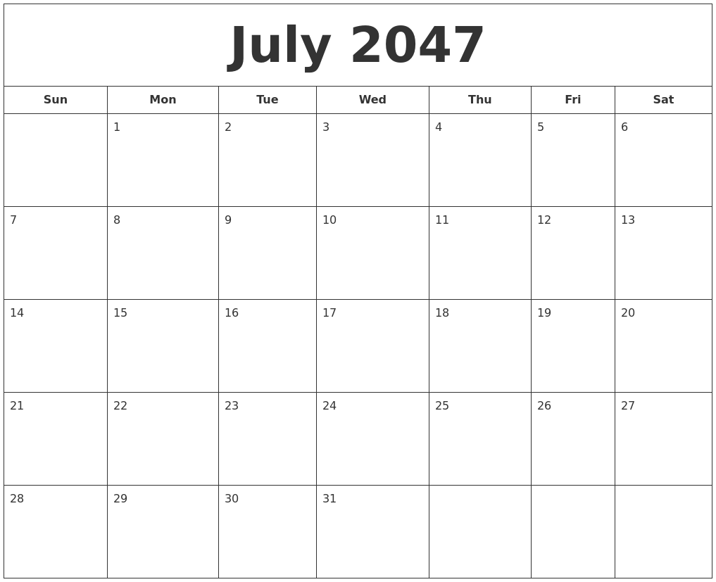 July 2047 Printable Calendar