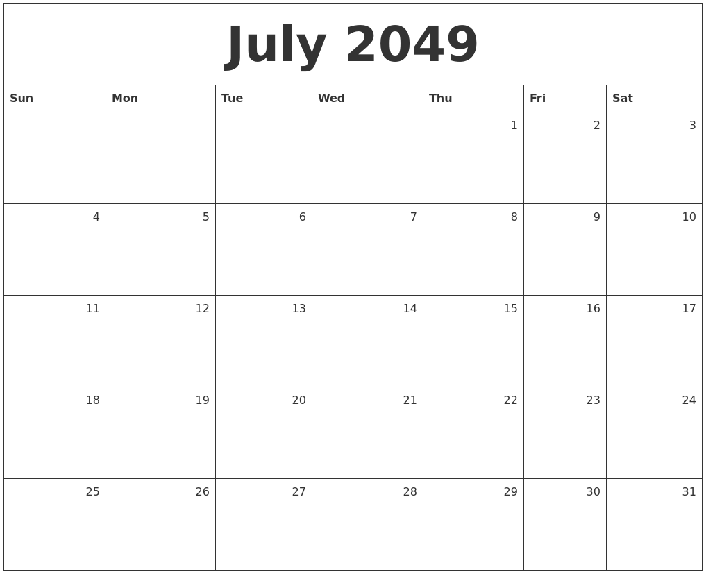 July 2049 Monthly Calendar