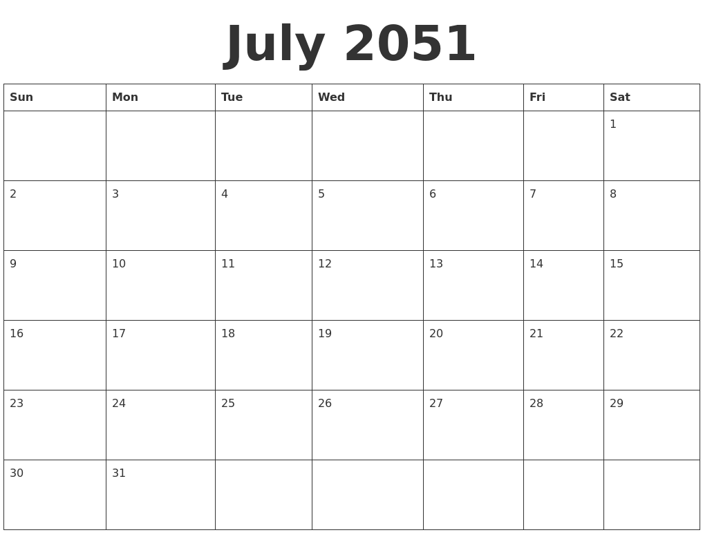 July 2051 Blank Calendar Template