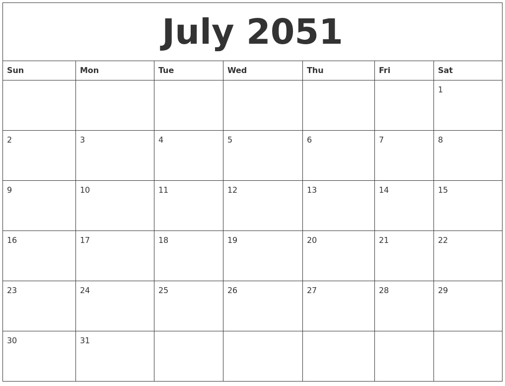 July 2051 Blank Monthly Calendar Pdf
