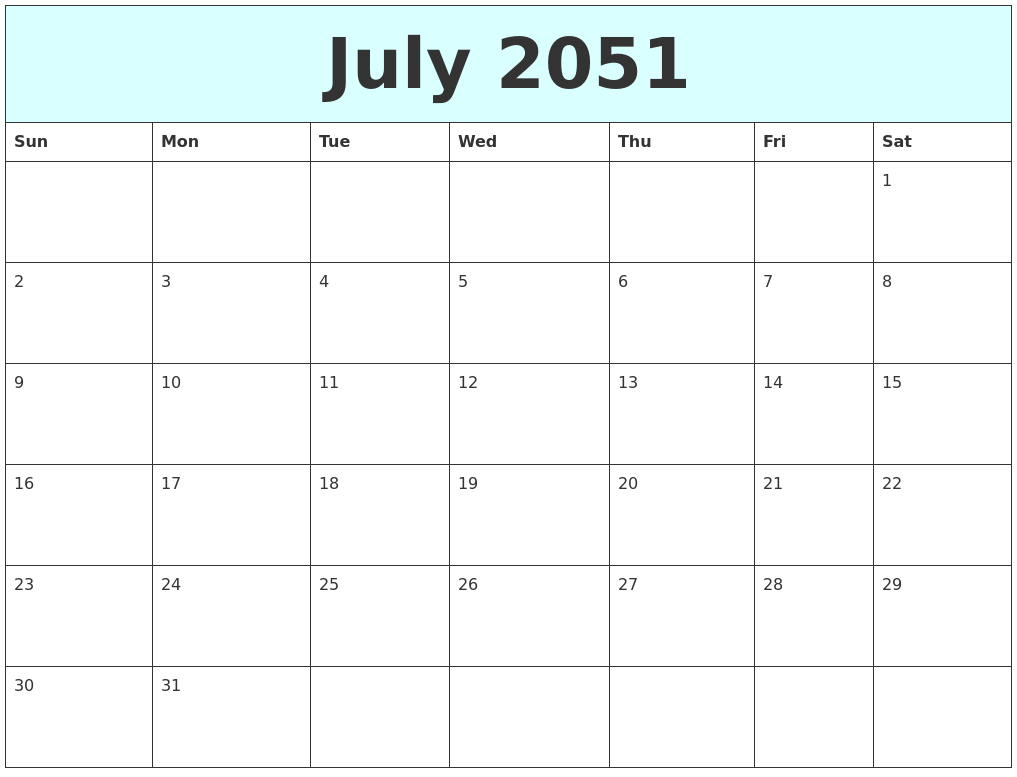 July 2051 Free Calendar