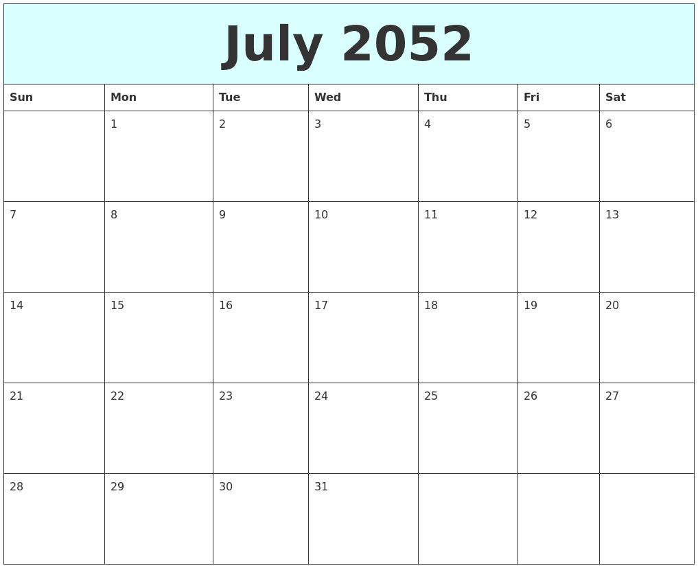 July 2052 Free Calendar