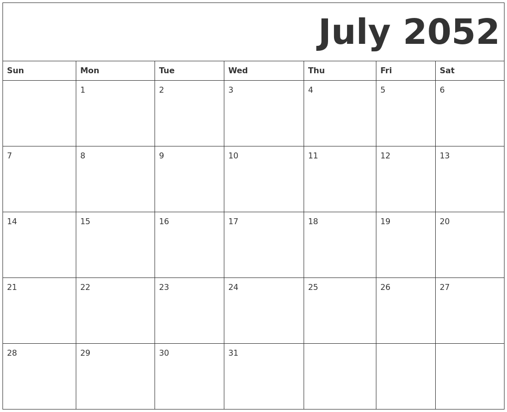 July 2052 Free Printable Calendar