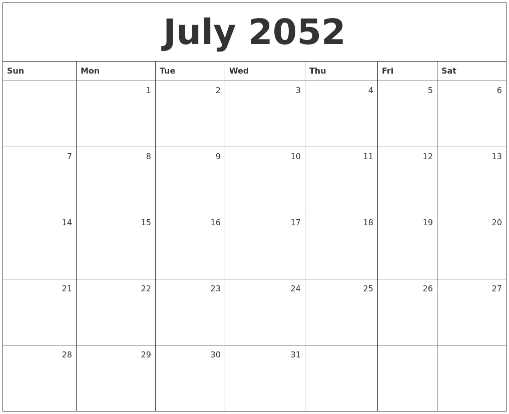 July 2052 Monthly Calendar
