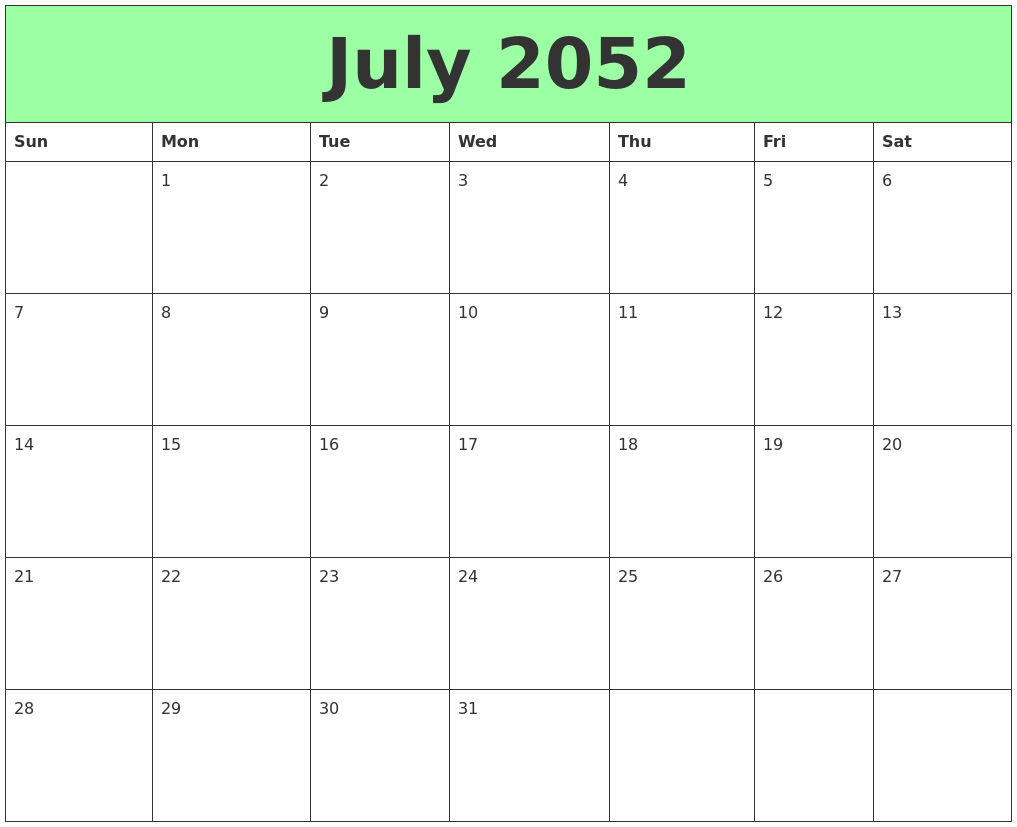 July 2052 Printable Calendars