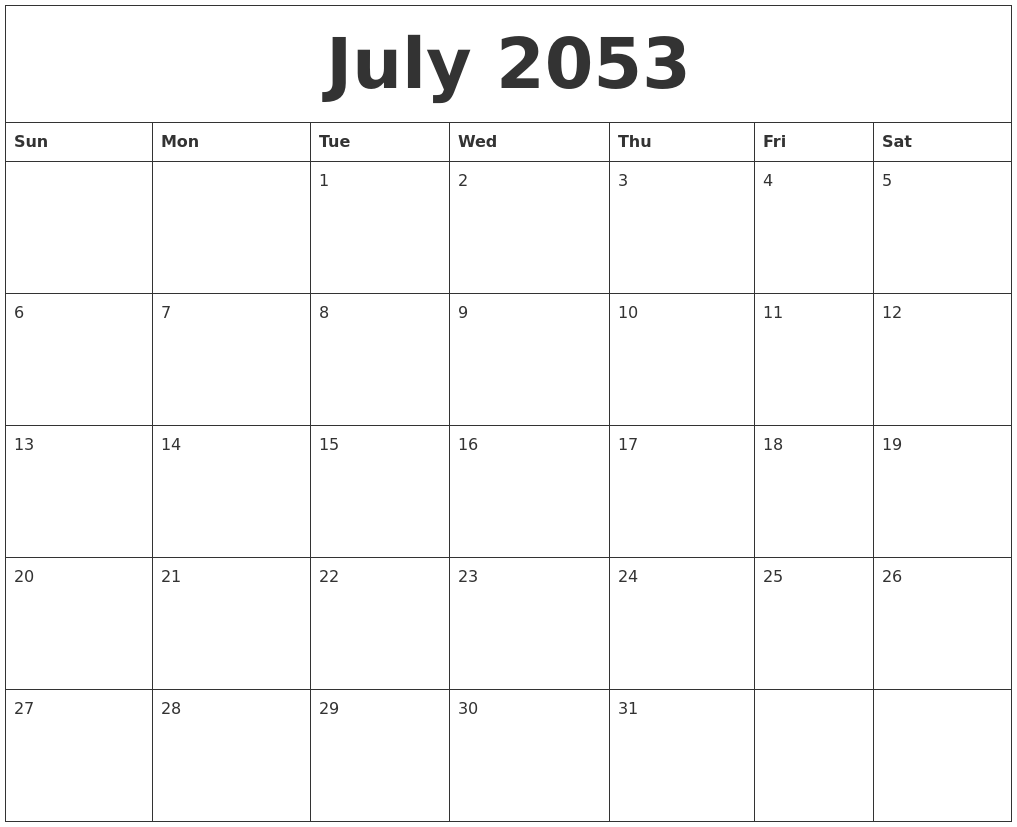 July 2053 Blank Printable Calendars