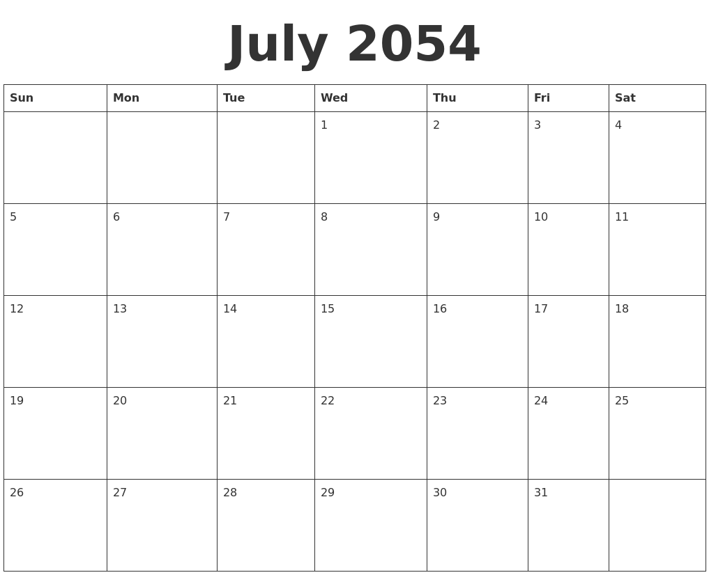 July 2054 Blank Calendar Template