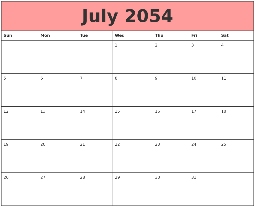 July 2054 Calendars That Work