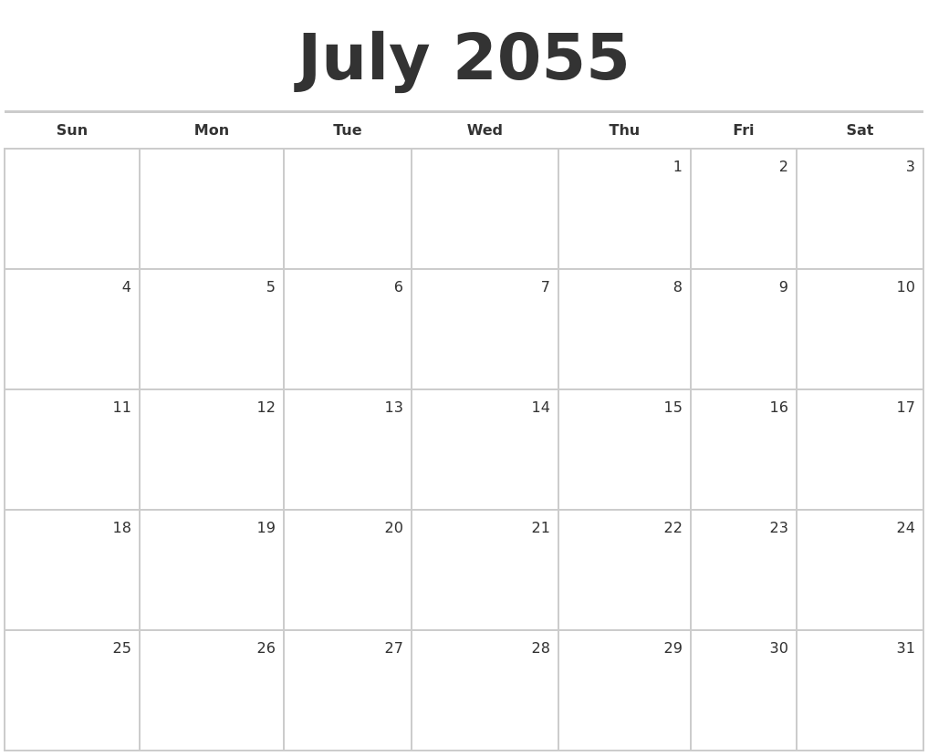 july 2055 blank monthly calendar