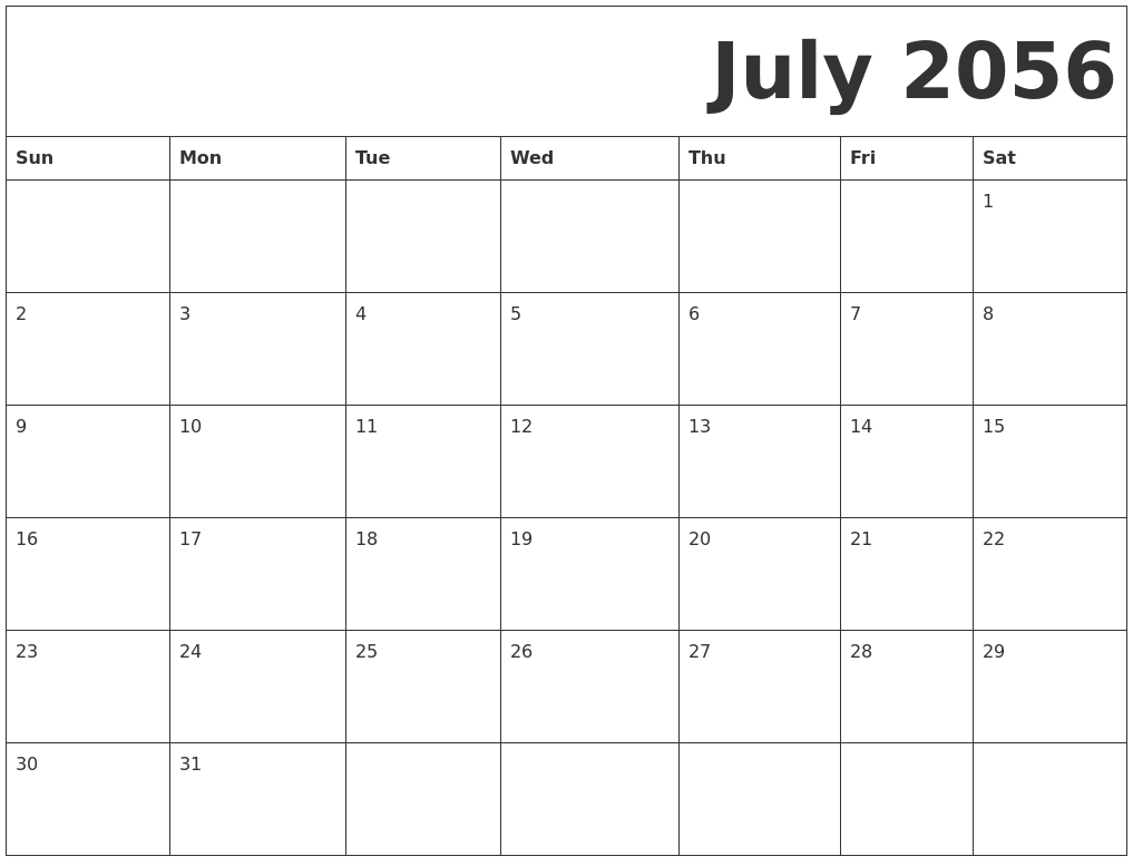 July 2056 Free Printable Calendar