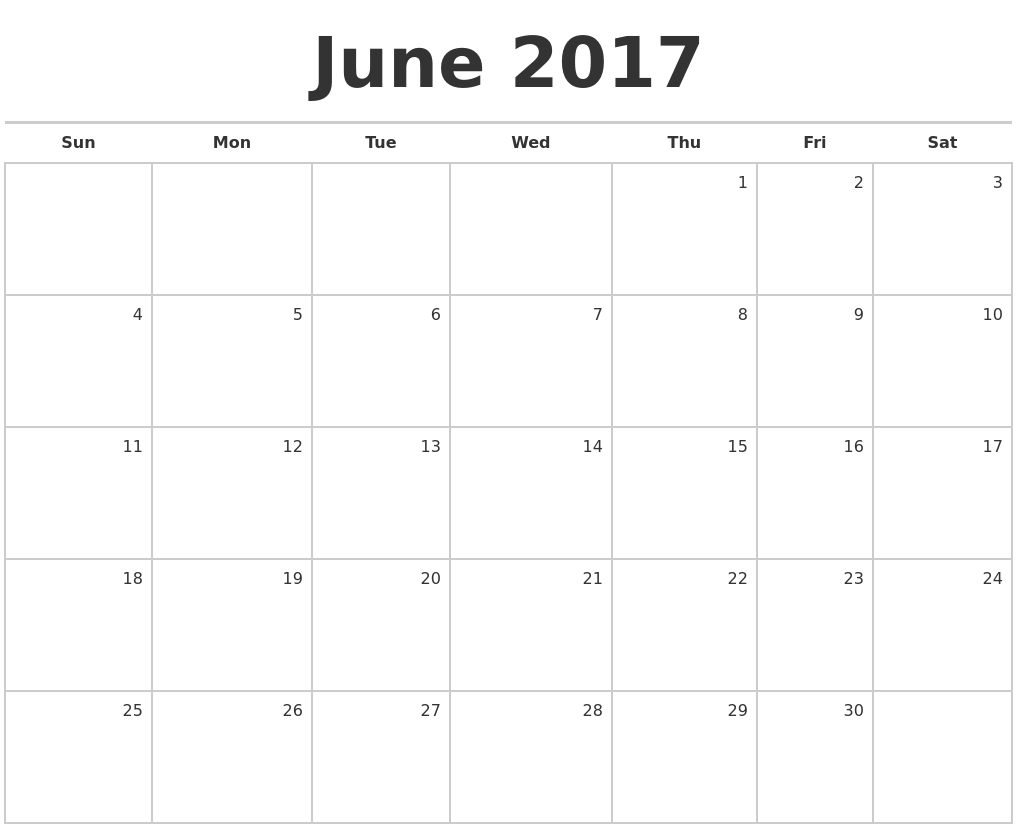 Blank June Calendar 2017