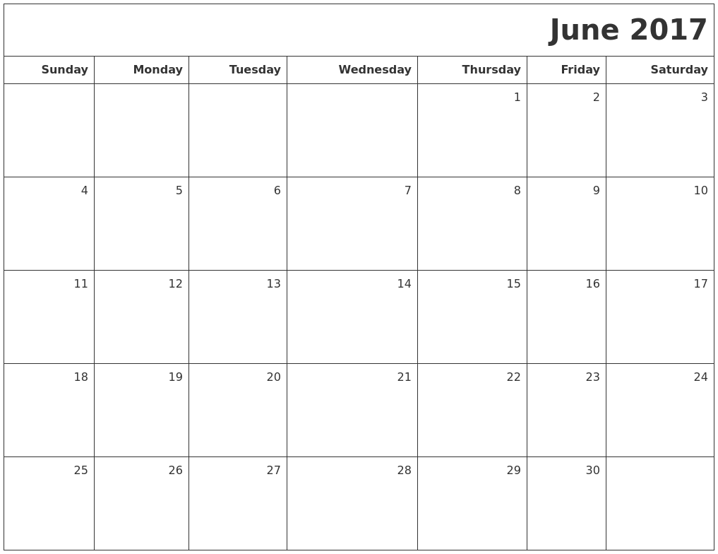 June 2017 Calendar Blank Printable
