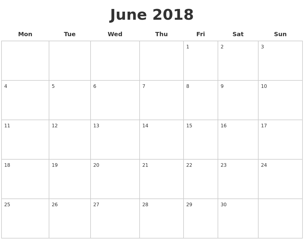 june 2018 blank calendar