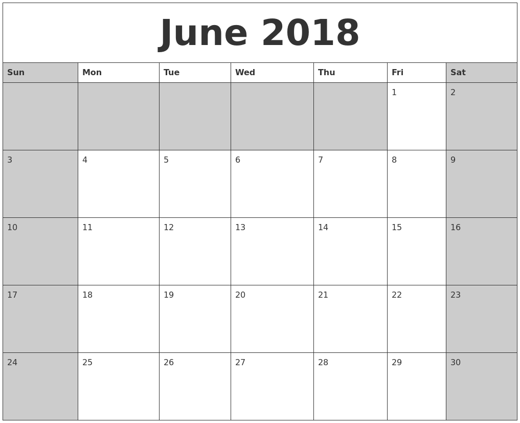 june 2018 calanders