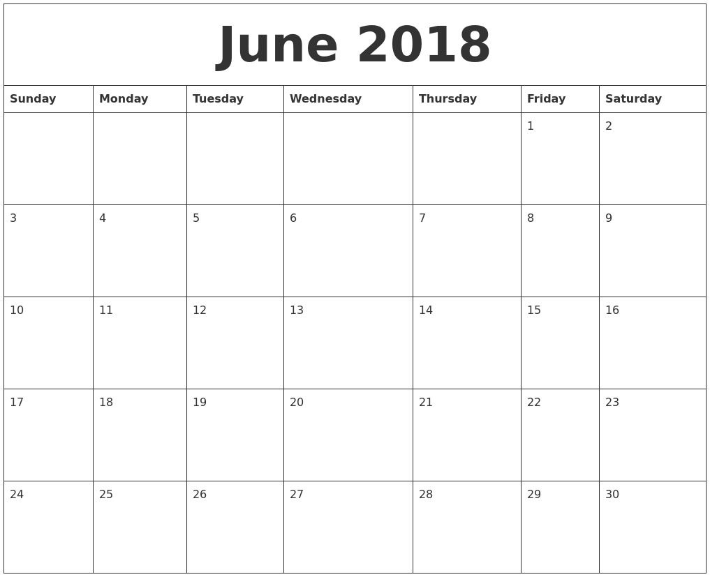 June 2018 Calendar Word