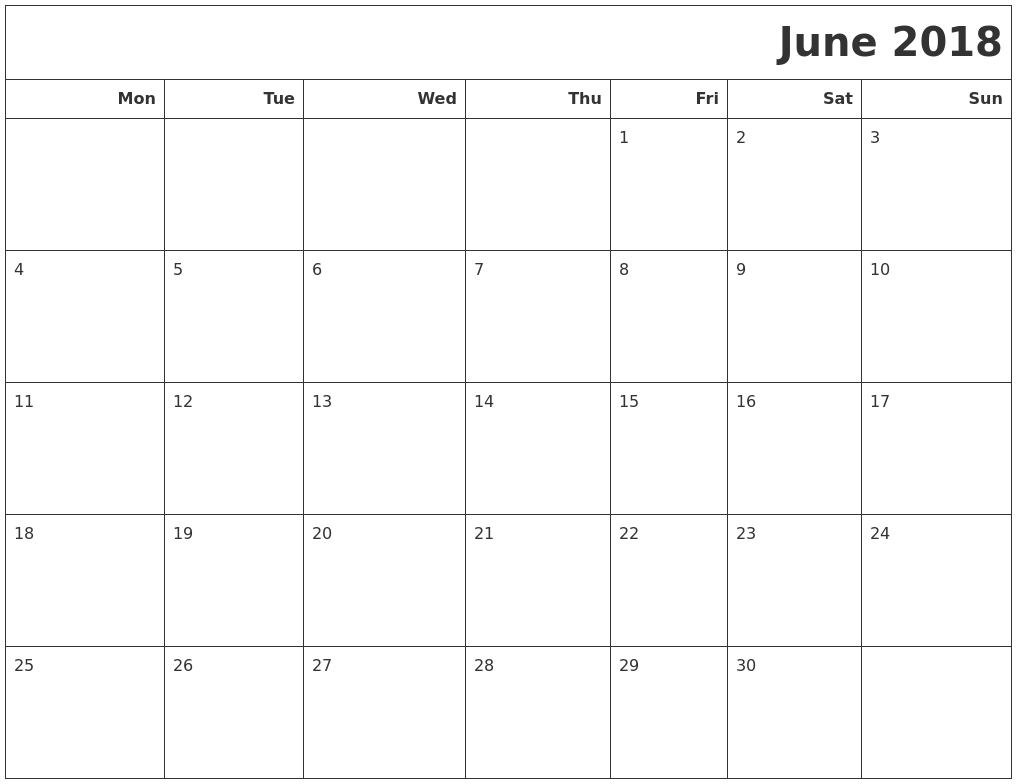 June 2018 Calendars To Print June 2018 Calendars To Print