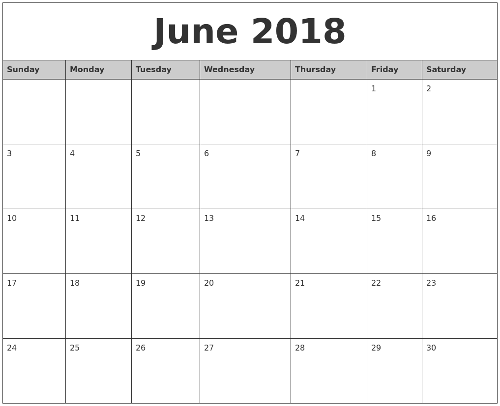 June 2018 Monthly Calendar Printable