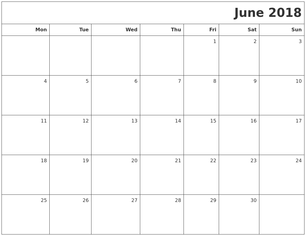 blank calendar june 2018 printable