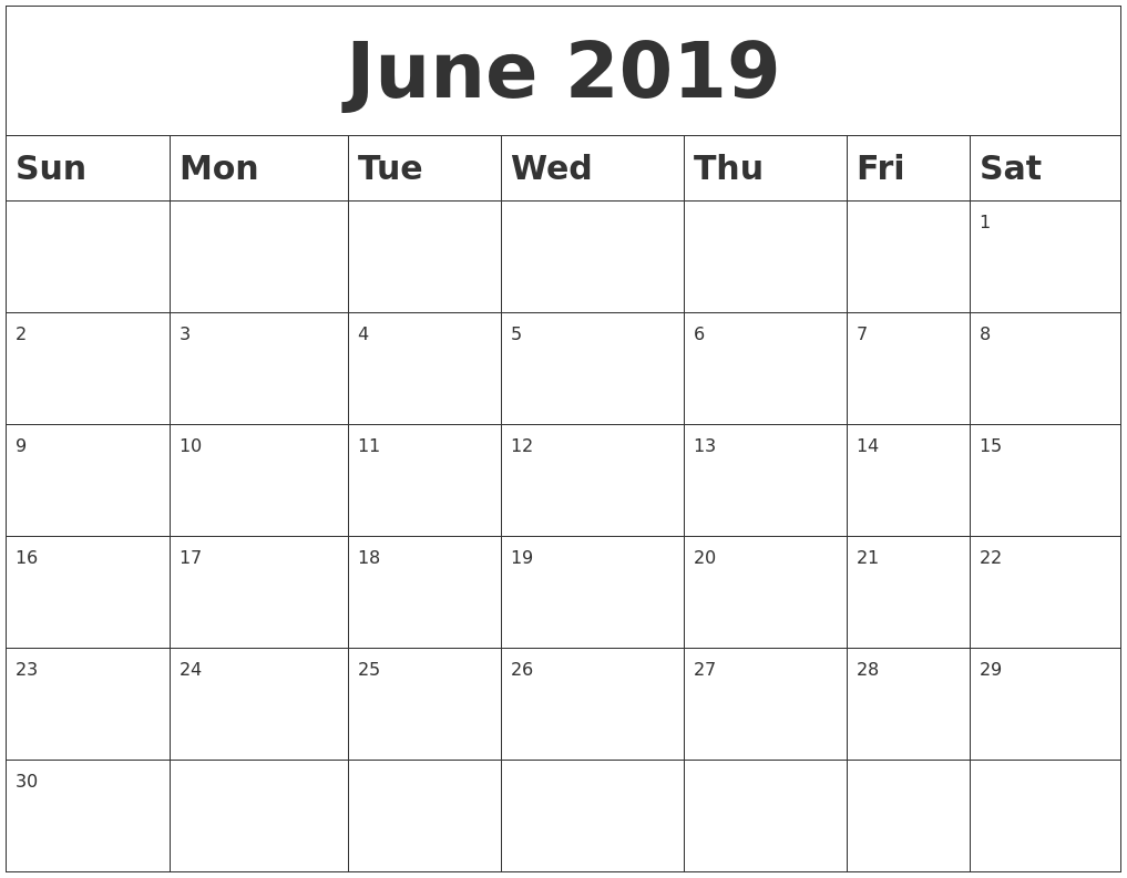 June 2019 Blank Calendar