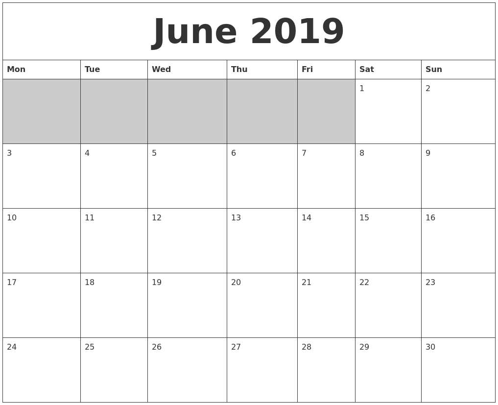 june 2019 blank printable calendar