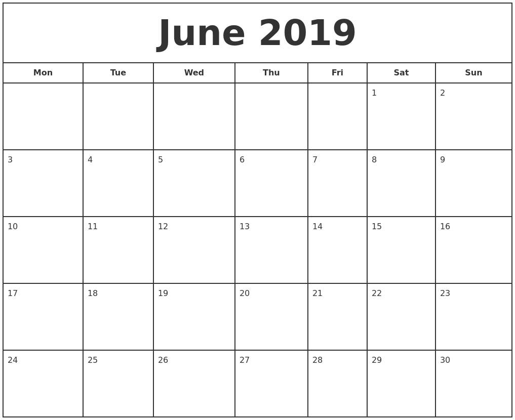 june 2019 print free calendar monday start