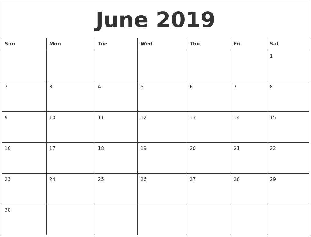 June 2019 Printable Monthly Calendar