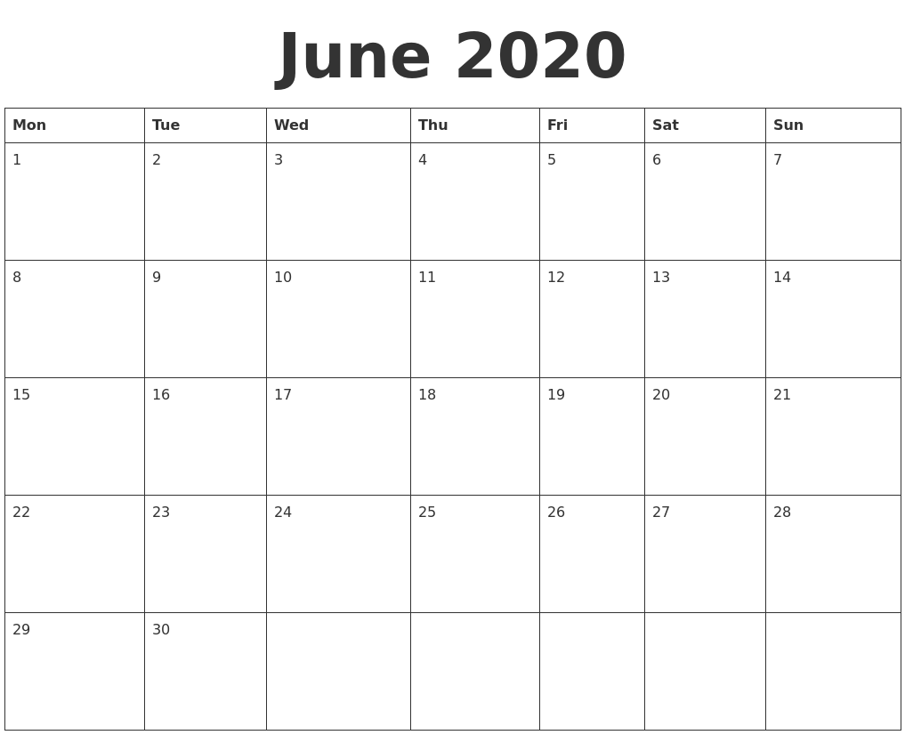 June 2020 Blank Calendar Template June 2020 Blank Calendar Template