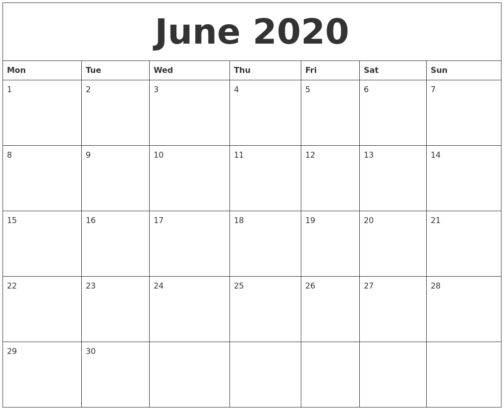 June 2020 Printable Calendar