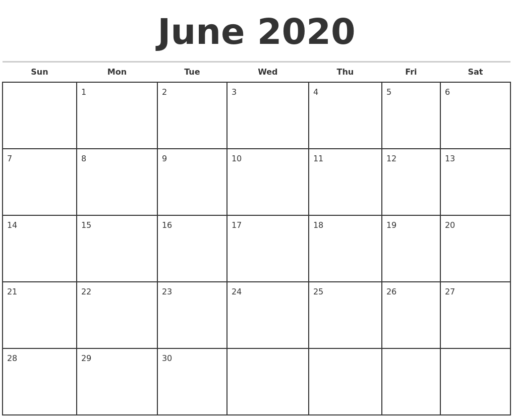 June 2020 Monthly Calendar Template