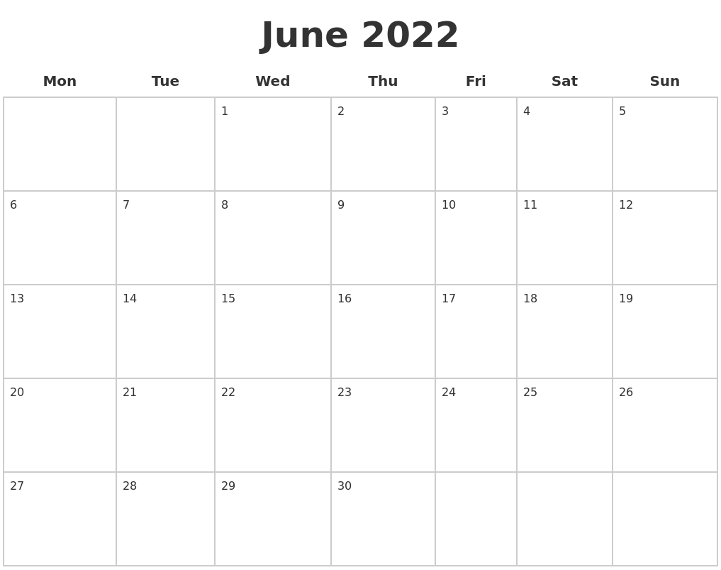 June 2022 Blank Calendar Pages