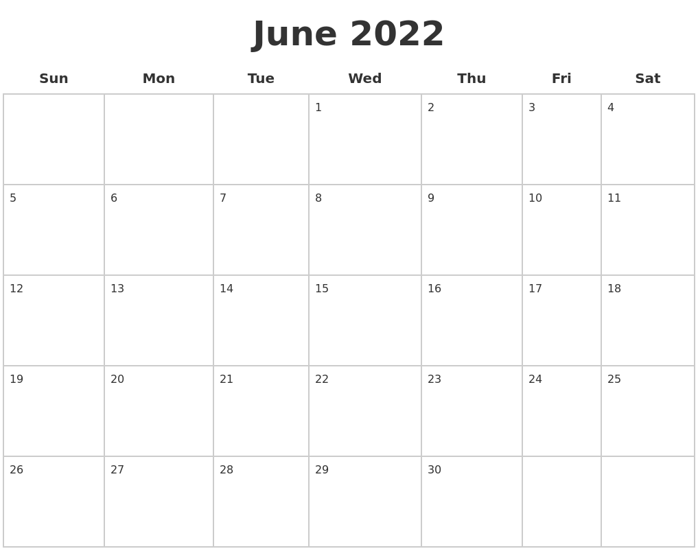 June 2022 Blank Calendar Pages