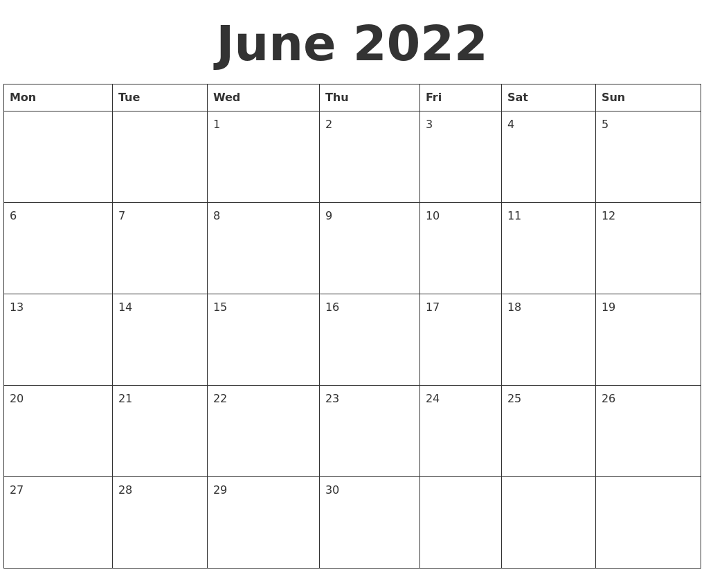 June 2022 Blank Calendar Template