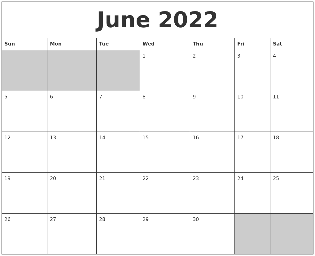 June 2022 Blank Printable Calendar