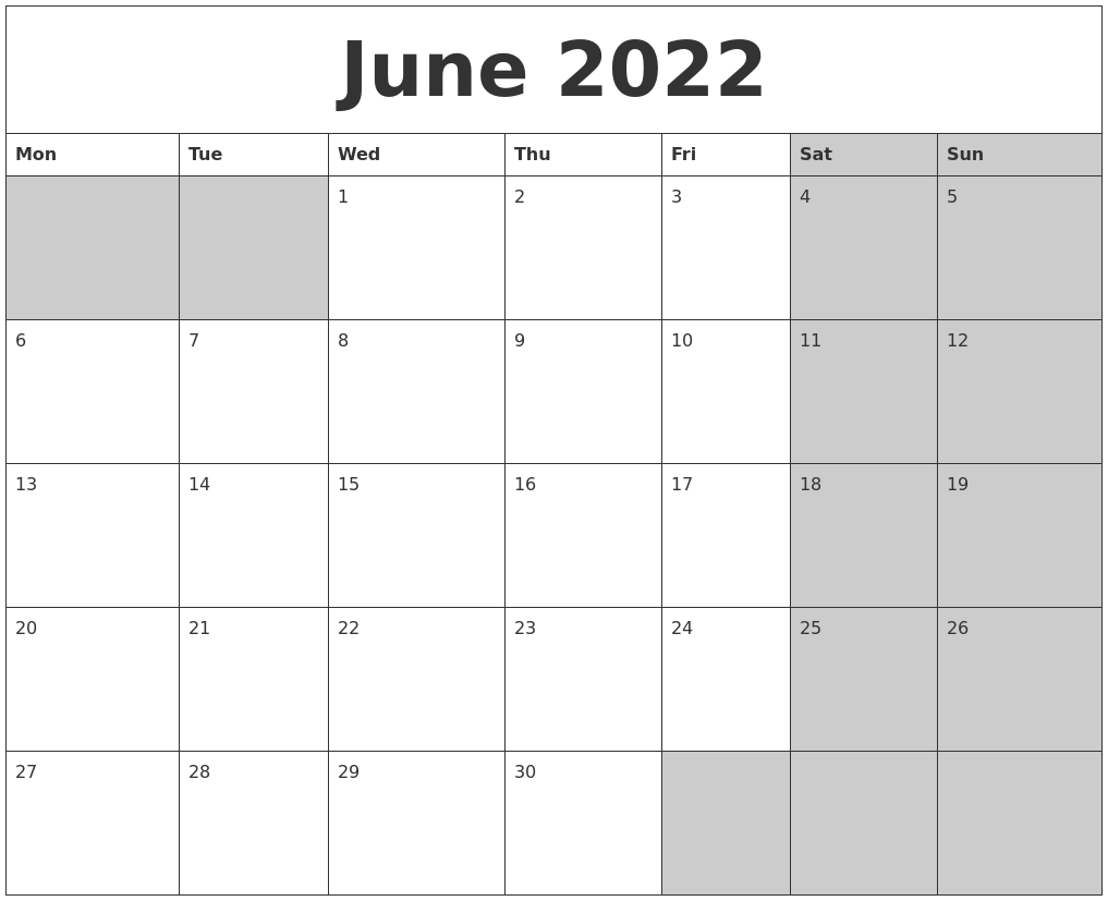 June 2022 Calanders