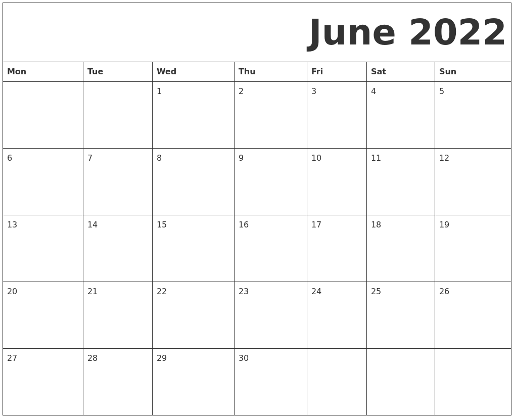 June 2022 Free Printable Calendar
