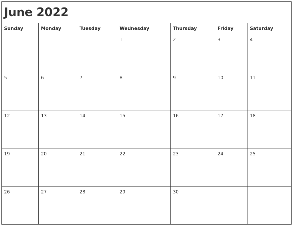 June 2022 Month Calendar