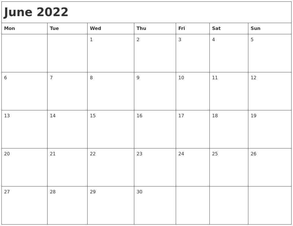 June 2022 Month Calendar