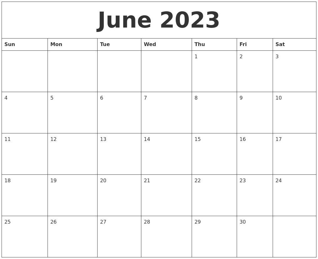 June 2023 Blank Monthly Calendar Template