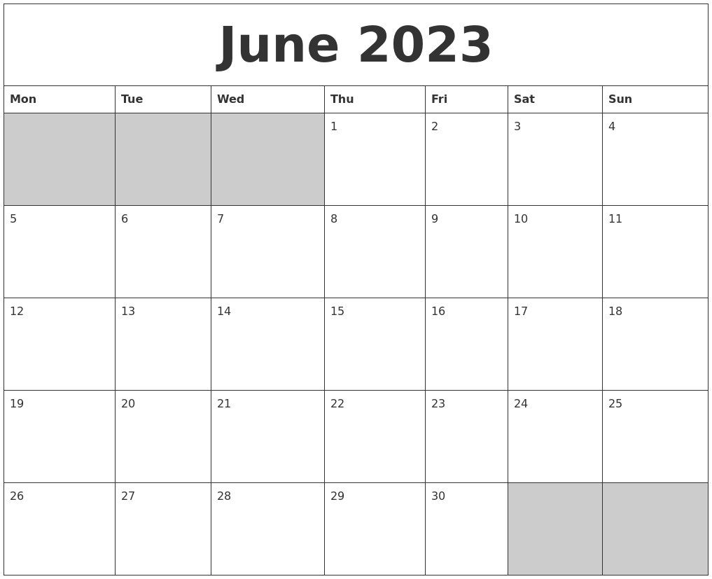 June 2023 Blank Printable Calendar