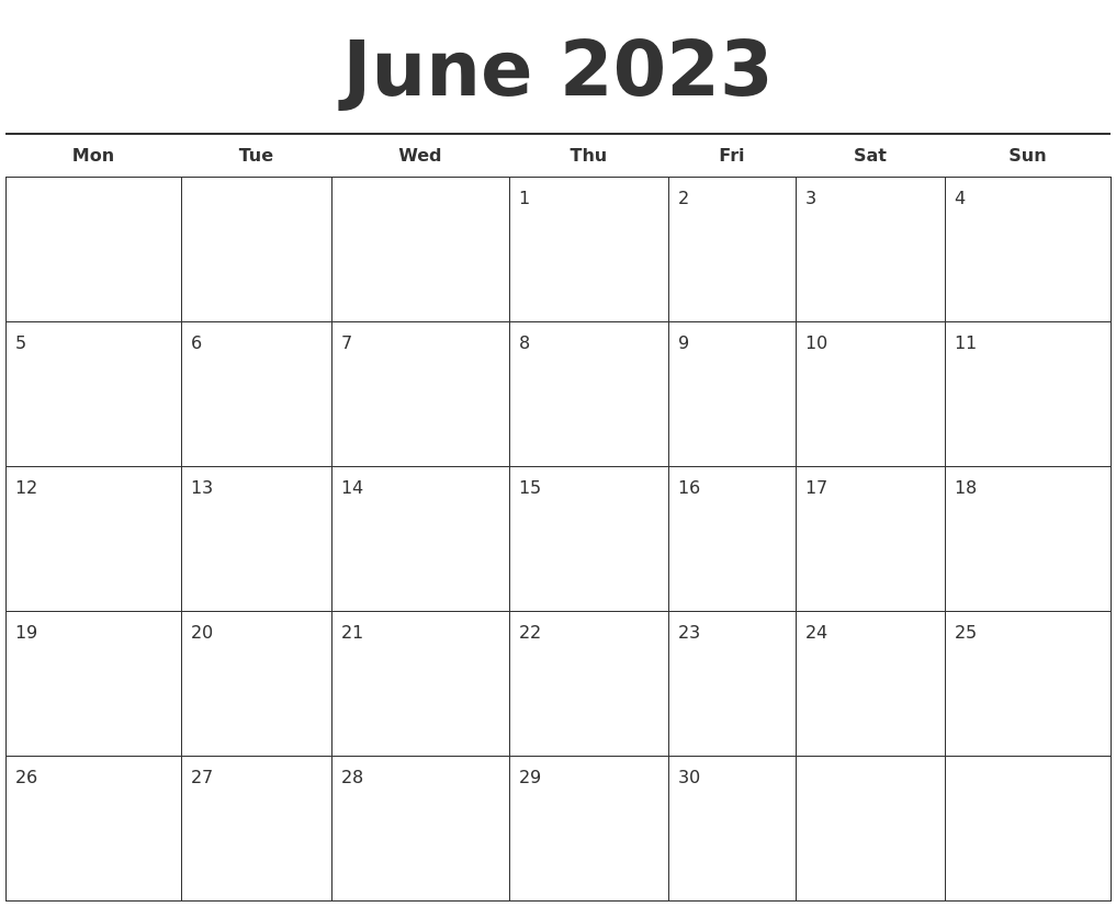 June 2023 Free Calendar Template