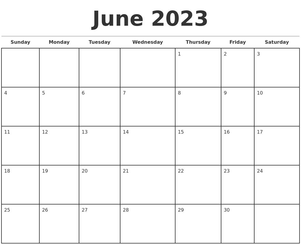 June 2023 Monthly Calendar Template