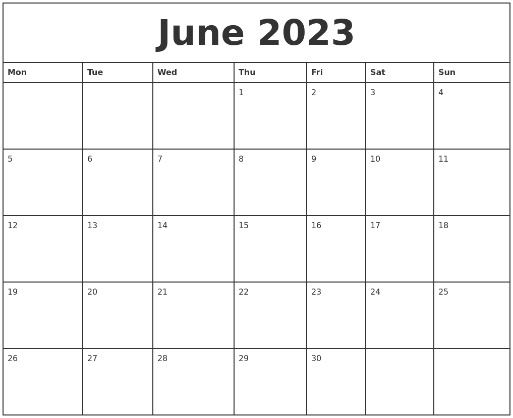 June 2023 Printable Monthly Calendar